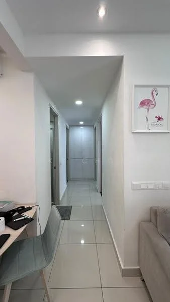 Room features: white painted walls, glossy ceramic tile flooring, recessed downlights, doorway leading to other rooms, framed artwork on wall, grey carpet mat, light grey cabinetry, open space layout; style: modern.