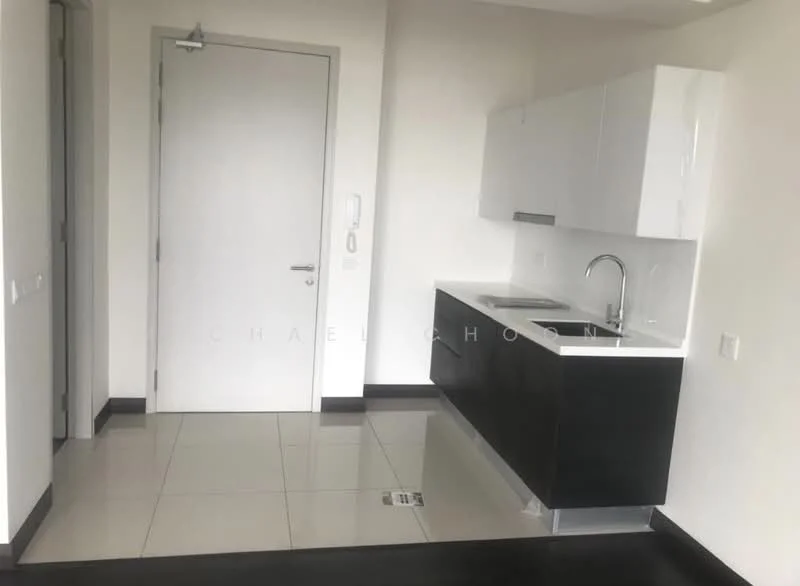 Kitchen features: white high-gloss cabinetry, black lower cabinetry, marble countertop, single-bowl stainless-steel sink, chrome pull-down faucet, built-in oven, ceramic tile flooring, recessed downlights, white painted walls, open layout; style: modern.