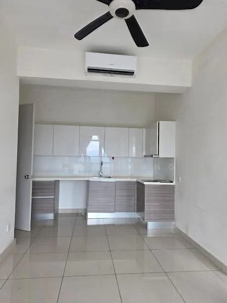 Kitchen features: white upper cabinets, grey lower cabinets, stainless-steel sink, chrome pull-down faucet, built-in oven, freestanding range oven, refrigerator, wall-mounted split AC, ceiling fan, polished tile flooring, white walls, countertop with backsplash; style: modern.