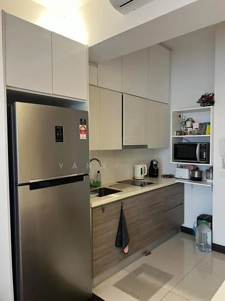 Kitchen features: stainless-steel fridge, built-in oven, microwave, single-bowl stainless-steel sink, chrome pull-down faucet, laminate countertop, white upper cabinets, wood lower cabinets, ceramic tile flooring, recessed downlights, wall-mounted shelf, kettle, toaster; style: modern.