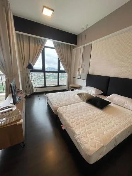 Bedroom features: two single beds with white bedding, black upholstered headboard, wooden bedside table, floor-to-ceiling windows, sheer curtains, black floor lamp, wall-mounted TV, dark wood flooring, decorative black pillow, light-colored accent wall, recessed ceiling lights; style: modern; view: city.