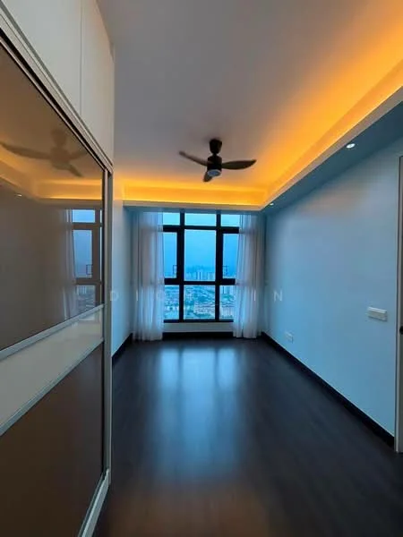 Room features: floor-to-ceiling windows, city view, 5-blade ceiling fan, recessed LED downlights, crown moulding, light wood cabinetry, dark laminate flooring, sheer curtains; style: modern; view: city.
