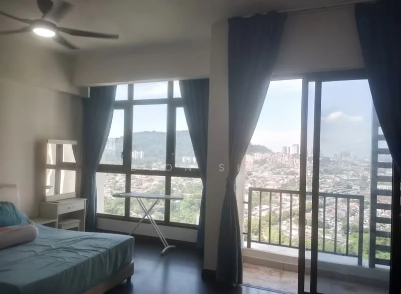 Bedroom features: king-size bed, upholstered headboard, 2 bedside lamps, floor-to-ceiling windows, sliding glass door, curtains in blue, ceiling fan, wooden flooring, ironing board, decorative wall art; style: modern; view: city.