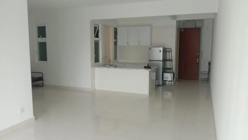 Living features: white painted walls, glossy ceramic tile flooring, floor-to-ceiling windows, open layout, kitchen island, stainless-steel fridge, single-bowl stainless-steel sink, white cabinetry, neutral color scheme, recessed downlights; style: modern.