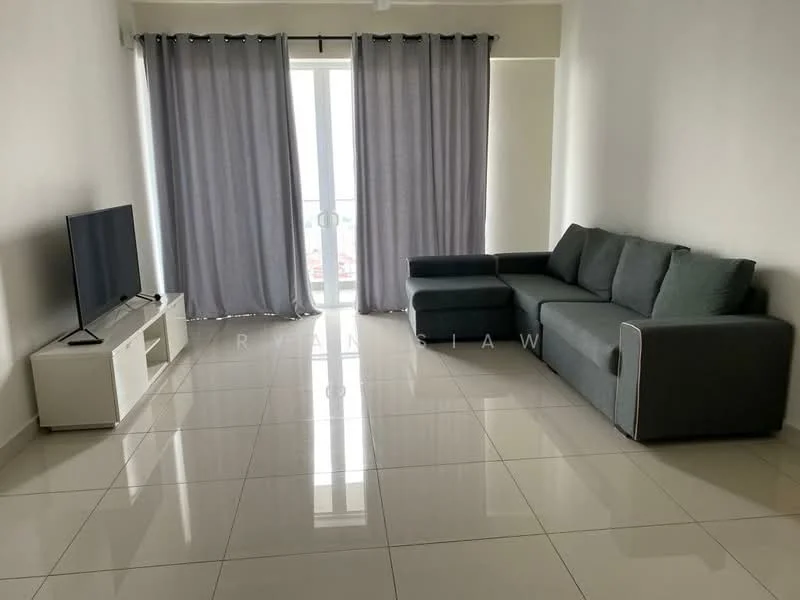 Living features: grey L-shape sectional sofa, white TV console, wall-mounted TV, floor-to-ceiling windows, sheer curtains, grey curtains, glossy tile flooring, neutral painted walls, recessed downlights; style: modern; view: city.