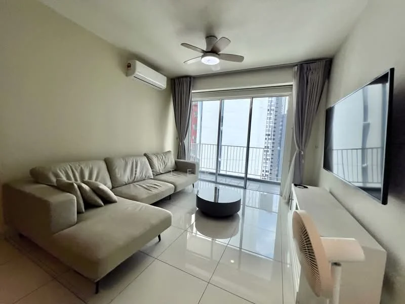 Living features: 3-seater fabric sofa in light grey, coffee table with round top, wall-mounted TV, TV console, floor-to-ceiling windows, curtains, ceiling fan with light, wall-mounted air conditioning unit, white tiled flooring, decorative wall; style: modern; view: city.