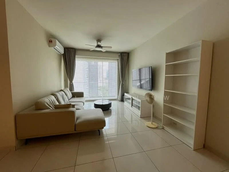 Living features: 3-seater fabric sofa in beige, round coffee table, wall-mounted TV, TV console, floor-to-ceiling windows, sheer curtains, ceiling fan, white painted walls, glossy tile flooring, built-in shelving unit, air conditioning unit; style: modern; view: city.