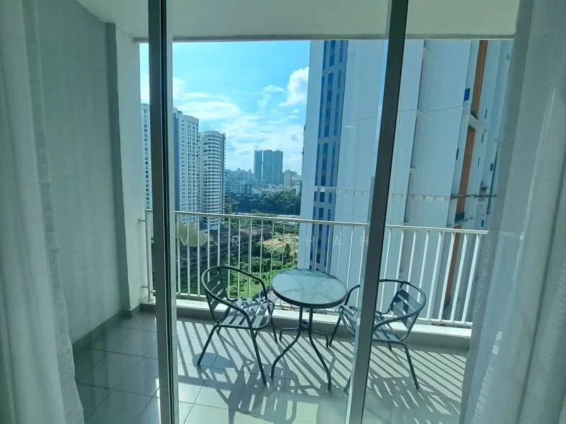 Balcony features: glass sliding door, floor-to-ceiling windows, grey tiled flooring, round glass-top table, two metal chairs, city view, sheer white curtains; style: modern; view: city.