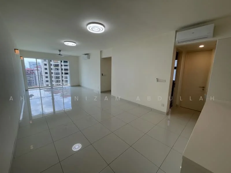 Living features: white painted walls, glossy ceramic tile flooring, recessed downlights, 5-blade ceiling fan with light, floor-to-ceiling windows, sliding glass door, air conditioning unit, neutral color scheme; style: modern; view: city.