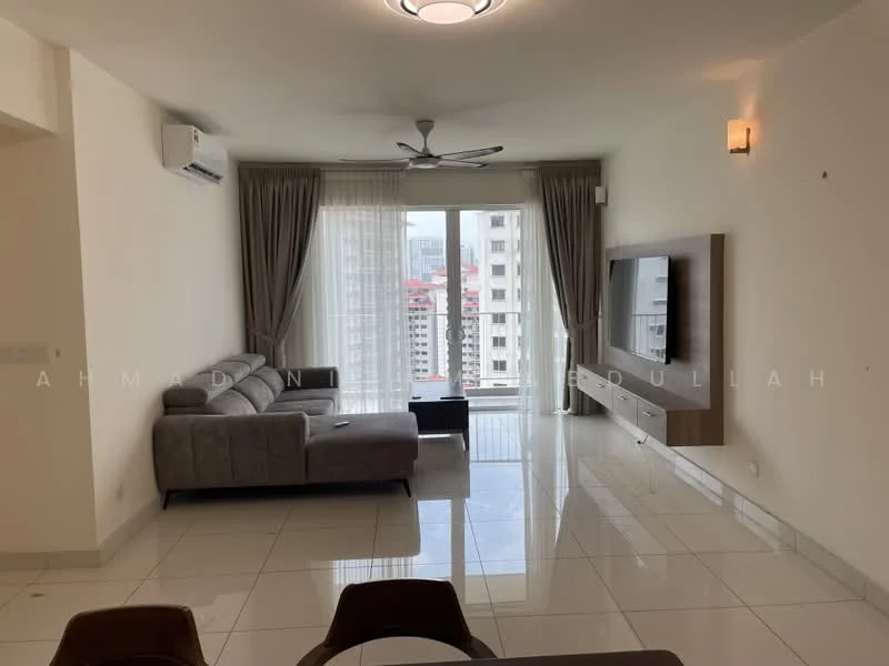 Living features: grey L-shape sectional sofa, wall-mounted TV, white TV console, ceiling fan, recessed downlights, floor-to-ceiling windows, sheer curtains, white walls, glossy tile flooring, decorative wall panel, coffee table; style: modern; view: city.