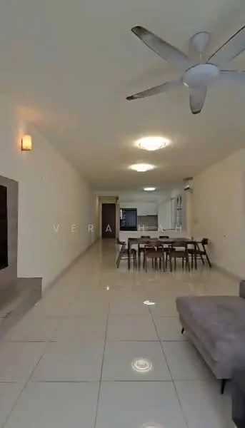 Living features: 5-blade ceiling fan, recessed downlights, cream painted walls, white tiled flooring, dining table with chairs, sofa, wall-mounted TV, large windows, open layout, neutral decor; style: modern.