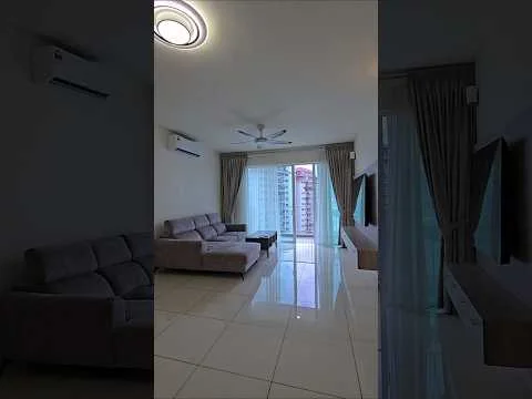 Living features: 3-seater fabric sofa in grey, 2-seater fabric sofa in grey, coffee table, wall-mounted TV, TV console, floor-to-ceiling windows, sheer curtains, sliding glass door, 5-blade ceiling fan with light, 2 wall-mounted split ACs, glossy tile flooring, decorative wall panel; style: modern; view: city.