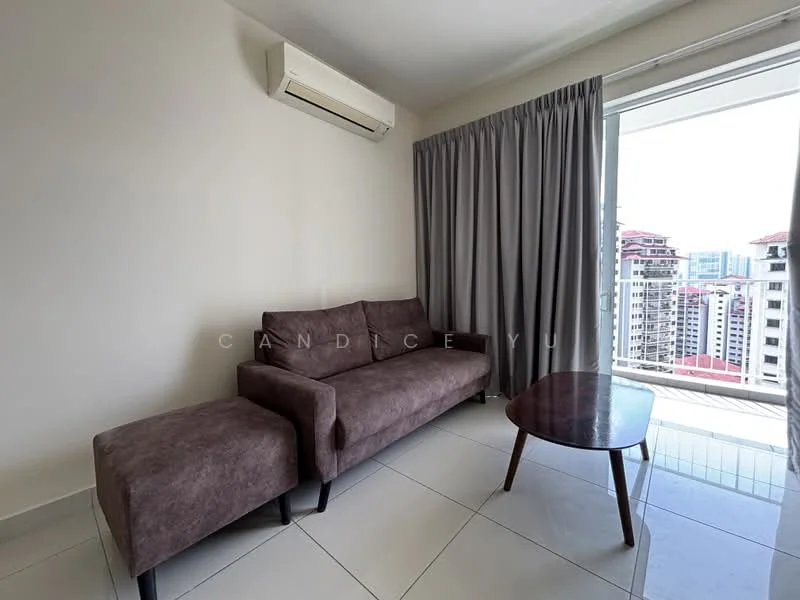 Living features: 3-seater fabric sofa in brown, side table, floor-to-ceiling window, grey curtains, white painted walls, tile flooring, wall-mounted split AC, city view; style: modern; view: city.