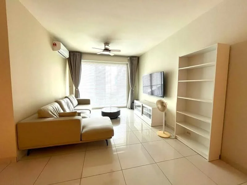 Living features: 3-seater fabric sofa in light beige, round coffee table, wall-mounted flat-screen TV, white TV console, built-in shelving unit, floor-to-ceiling windows, sheer curtains, 1 wall-mounted split AC, white tiled flooring, ceiling fan with light; style: modern.