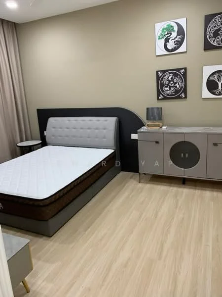 Bedroom features: queen-size bed with upholstered headboard, grey bed frame, wooden flooring, light brown walls, curtains, decorative wall art, side table with drawer, grey cabinet with circular design, wall-mounted decor, recessed ceiling lights; style: modern.
