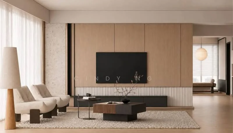 Living features: 3-seater fabric sofa in cream, 2 accent chairs in beige, coffee table with dark wood and black base, area rug with textured pattern, wall-mounted TV, light wood flooring, textured wall paneling, large windows with sheer curtains, decorative plant on coffee table, pendant light fixture, built-in cabinetry with light wood finish; style: modern.