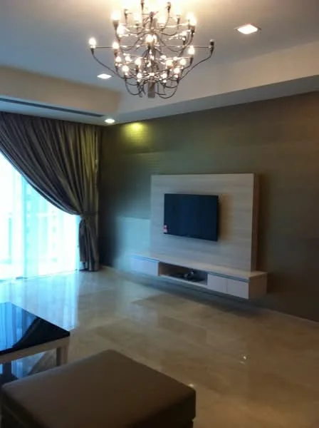 Living features: chandelier, wall-mounted TV, wooden TV console, cream marble flooring, floor-to-ceiling windows, sheer curtains, dark brown accent wall, light grey wall, recessed ceiling lights; style: modern; view: city.