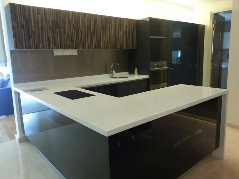 Kitchen features: white quartz countertop, black cabinetry, wood panel accent wall, stainless-steel sink, chrome pull-down faucet, built-in oven, ceramic tile backsplash, open shelving, recessed downlights, pendant lighting, island with seating area, floor-to-ceiling cabinets, modern appliances; style: modern.