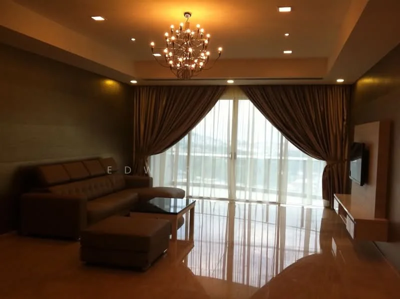 Living features: 3-seater leather sofa in beige, ottoman, glass coffee table, wall-mounted TV, feature wall with textured finish, chandelier with multiple bulbs, recessed downlights, floor-to-ceiling windows, sheer curtains, heavy drapes, polished marble flooring, open layout, city view; style: modern; view: city.