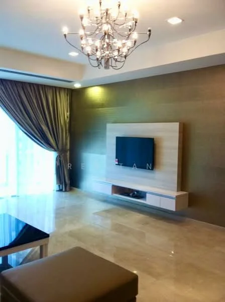 Living features: chandelier, cream marble flooring, gold accent wall, floor-to-ceiling windows, sheer curtains, wall-mounted TV, wooden TV console, recessed lighting, sofa, coffee table; style: modern; view: city.