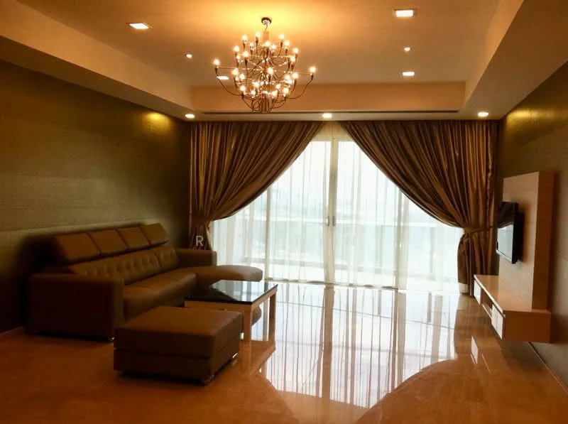 Living features: chandelier, recessed downlights, floor-to-ceiling windows, sheer curtains, dark brown accent wall, cream painted walls, marble flooring, L-shape sectional sofa in beige, coffee table, wall-mounted TV, TV console, decorative wall panel; style: modern; view: city.