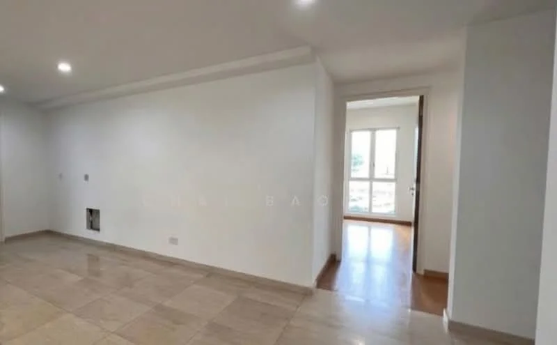 Room features: white painted walls, tile flooring, recessed downlights, doorway leading to another room, window with natural light, neutral color scheme; style: modern.