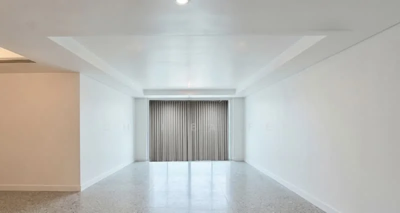 Room features: white painted walls, polished concrete flooring, recessed downlights, floor-to-ceiling windows, sheer curtains, tray ceiling; style: modern.