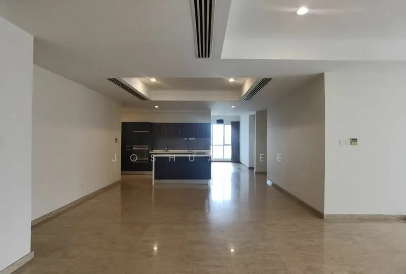 Living features: marble flooring, white painted walls, recessed downlights, floor-to-ceiling windows, open layout, kitchen island, dark wood cabinetry, stainless-steel appliances, sliding glass door, natural light, air conditioning vents; style: modern; view: city.