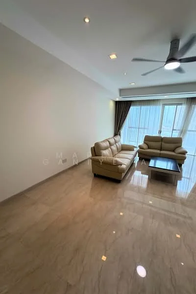 Living features: cream leather sofa, 3-seater sofa, coffee table, marble flooring, recessed downlights, ceiling fan, floor-to-ceiling windows, curtains, neutral painted walls; style: modern; view: city.