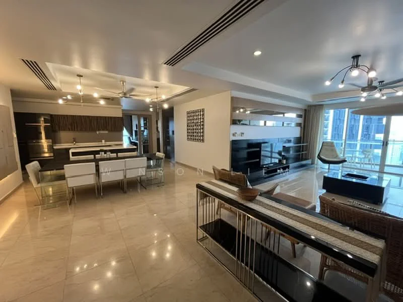 Living features: marble tile flooring, recessed downlights, chandelier, floor-to-ceiling windows, sliding glass door, open shelving unit, wall-mounted TV, sofa with cushions, coffee table, decorative wall art, area rug, dining table with chairs, kitchen island with bar stools, kitchen cabinetry with wood finish; style: modern; view: city.
