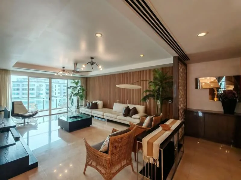 Living features: cream painted walls, marble tile flooring, tray ceiling, 5-blade ceiling fan with light, sofa in cream fabric, wooden coffee table, glass coffee table, decorative wall paneling, potted plants, floor-to-ceiling windows, sliding glass door, area rug with geometric pattern, wall-mounted mirror; style: modern; view: city.