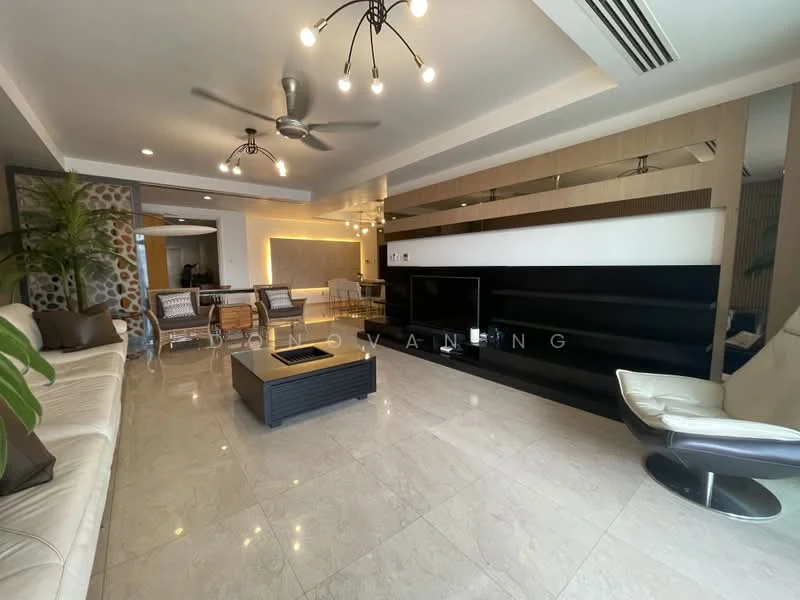Living features: marble tile flooring, white painted walls, 5-blade ceiling fan with light, sofa in cream color, coffee table with dark wood finish, wall-mounted TV, built-in shelving unit, decorative wall paneling, recessed LED downlights, large windows with natural light, indoor plants, accent chairs in rattan, open layout to dining area; style: modern.