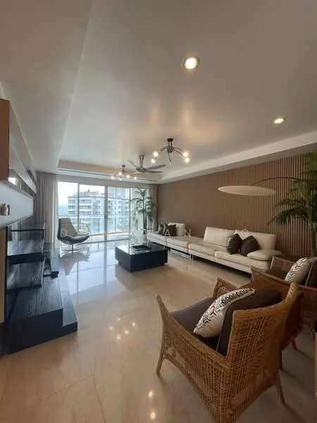 Living features: cream painted walls, wood accent wall, marble tile flooring, 5-blade ceiling fan with light, recessed downlights, large floor-to-ceiling windows, glass coffee table, beige leather sofa, 2 rattan chairs, decorative cushions, indoor plants, TV console, wall-mounted TV; style: modern; view: city.