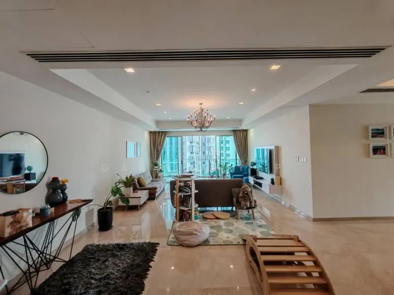 Living features: marble flooring, tray ceiling with recessed lighting, chandelier, floor-to-ceiling windows, sheer curtains, sofa in grey fabric, coffee table, TV console, wall-mounted TV, area rug with geometric pattern, decorative mirror, plant in ceramic pot, open shelving, decorative wall art; style: modern; view: city.