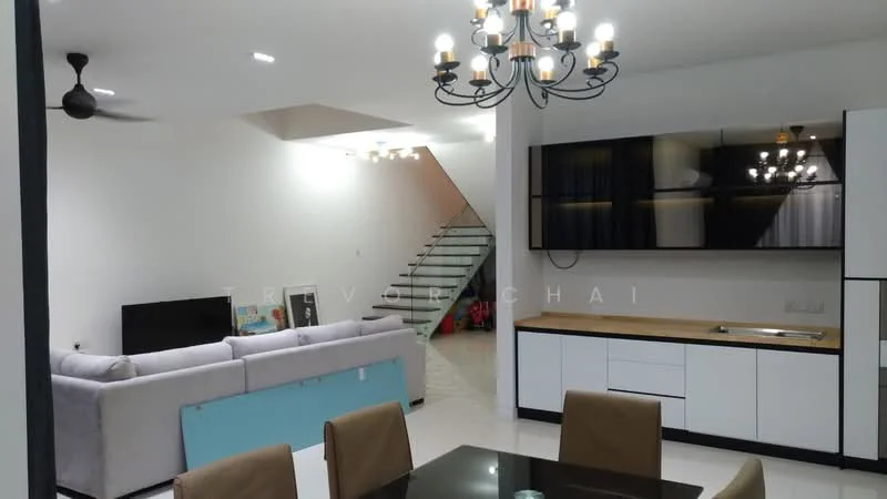 Living features: 3-seater fabric sofa in light grey, coffee table, wall-mounted TV, chandelier, 5-blade ceiling fan, white painted walls, marble tile flooring, area rug, decorative wall art; style: modern. Dining features: 6-seater dining table, upholstered dining chairs, white cabinetry, built-in cabinets, black countertop; style: modern. Room features: staircase with modern railing, recessed downlights.