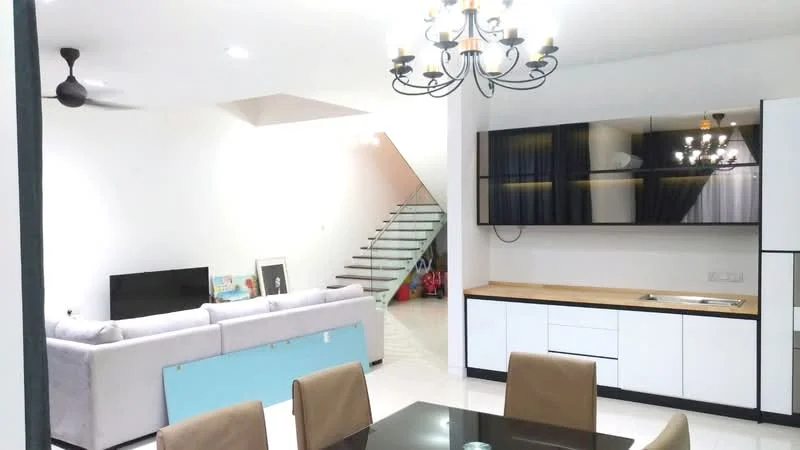 Living features: 3-seater fabric sofa in light grey, wall-mounted TV, coffee table, area rug, 5-blade ceiling fan with light, recessed downlights, large windows with sheer curtains, open layout to dining area; style: modern. Dining features: 6-seater dining table, upholstered dining chairs, glass tabletop, chandelier, open shelving unit, wooden cabinetry, countertop with wood finish; style: modern.