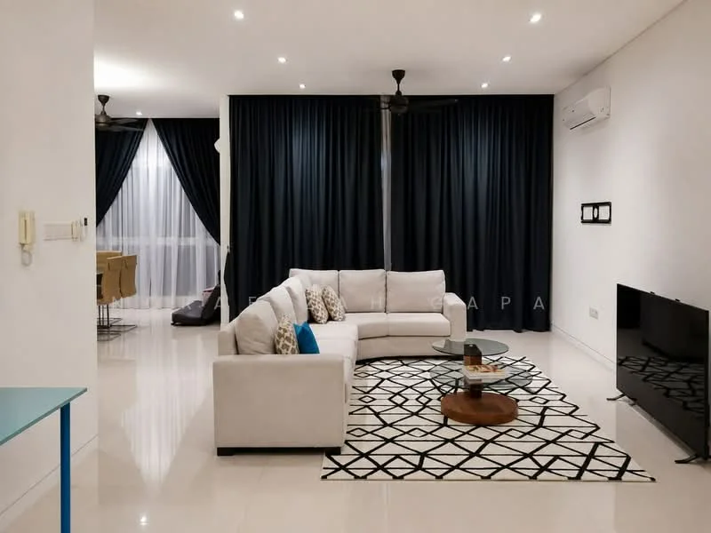 Living features: L-shape sectional sofa in light grey, decorative cushions in various patterns, coffee table with glass top, area rug with geometric pattern, wall-mounted TV, freestanding TV cabinet, 2 ceiling fans, white painted walls, recessed downlights, floor-to-ceiling windows covered with black curtains, polished tile flooring, air conditioning unit on wall; style: modern.