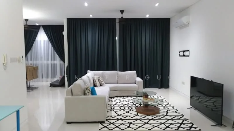 Living features: 3-seater fabric sofa in light grey, decorative cushions, area rug with geometric pattern, wall-mounted TV, coffee table, floor-to-ceiling windows with sheer curtains, blackout curtains, recessed downlights, 1 wall-mounted split AC, light fixtures, white painted walls, polished tile flooring; style: modern. Room features: open layout, dining area visible, kitchen area visible.