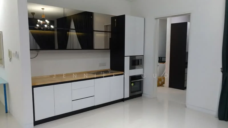 Kitchen features: white cabinetry with flat-panel doors, wood countertop, built-in oven, stainless-steel fridge, stainless-steel range hood, 4-burner gas hob, single-bowl stainless-steel sink, chrome pull-down faucet, recessed downlights, white tiled backsplash, open shelving, floor-to-ceiling cabinets, white walls, glossy floor tiles; style: modern. Room features: doorway leading to another room, white walls, light-colored flooring.