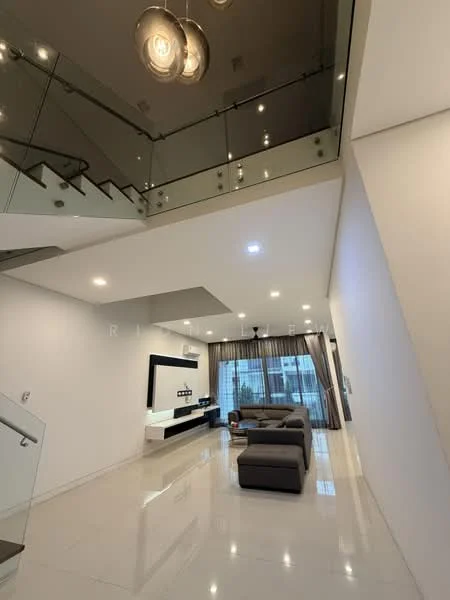 Living features: white painted walls, polished marble flooring, recessed downlights, chandelier, floor-to-ceiling windows, sheer curtains, grey sectional sofa, TV console, decorative wall panel, open space layout, glass railing, staircase with modern design; style: modern.