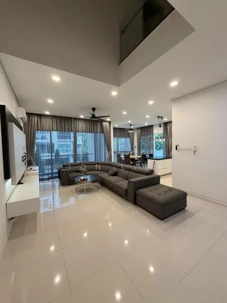 Living features: L-shape sectional sofa in grey, coffee table, wall-mounted TV, TV console, recessed LED downlights, 5-blade ceiling fan, floor-to-ceiling windows, sheer curtains, marble tile flooring, decorative mirror, area rug, dining area visible in background, open layout; style: modern; view: city.
