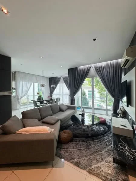 Living features: L-shape sectional sofa in grey, round coffee table, area rug with geometric pattern, wall-mounted TV, TV console, floor-to-ceiling windows, sheer curtains, blackout curtains, recessed downlights, ceiling-mounted air conditioning unit, decorative wall art, plant in ceramic pot; style: modern; view: garden.