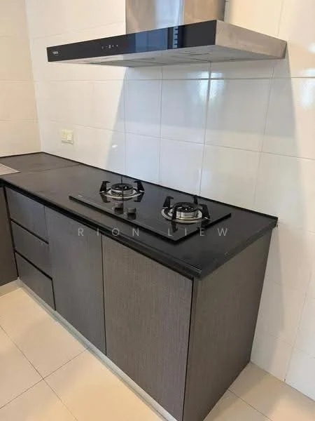 Kitchen features: black countertop, stainless-steel gas hob with two burners, stainless-steel range hood, grey cabinetry, white tiled backsplash, ceramic tile flooring, built-in drawers, under-counter storage; style: modern.