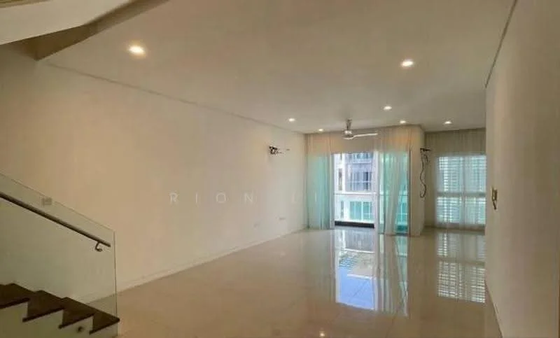 Living features: white painted walls, glossy tile flooring, recessed downlights, 5-blade ceiling fan, floor-to-ceiling windows, sliding glass door, sheer curtains, balcony access, open layout; style: modern; view: city.