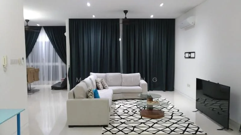 Living features: 3-seater fabric sofa in light grey, black and white geometric area rug, wall-mounted flat-screen TV, ceiling fan with light, recessed downlights, floor-to-ceiling windows with sheer curtains, dark green curtains, light-coloured walls, polished tile flooring; style: modern.