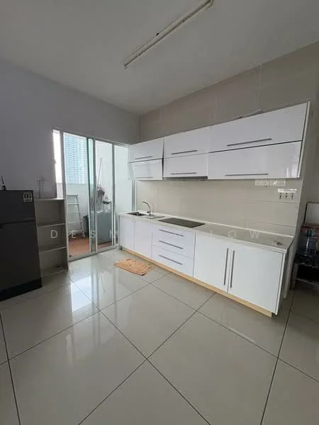 Kitchen features: white cabinetry with flat-panel doors, stainless-steel sink, chrome pull-down faucet, grey countertop, ceramic tile flooring, recessed ceiling lights, sliding glass door, window with city view, built-in oven, freestanding refrigerator; style: modern; view: city.