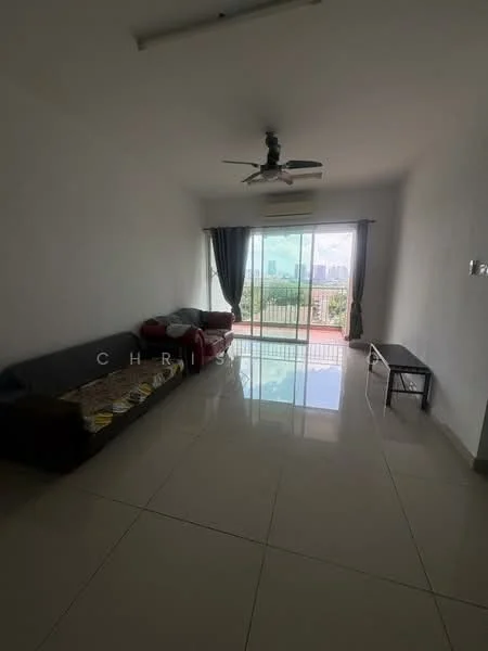 Living features: grey fabric sofa, red accent cushions, ceiling fan with light, floor-to-ceiling sliding glass door, curtains, white painted walls, glossy tile flooring, coffee table, view of city skyline; style: modern; view: city.