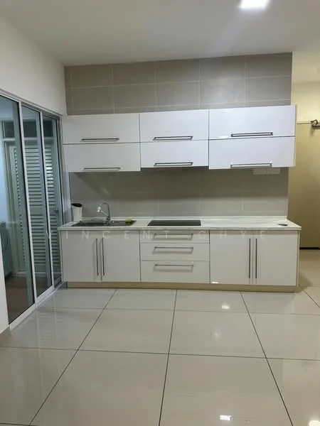Kitchen features: white cabinetry with flat-panel doors, grey tiled backsplash, white countertop, stainless-steel sink, chrome pull-down faucet, built-in stove, large floor tiles, sliding glass door, recessed lighting, open shelving, wall-mounted cabinets; style: modern.