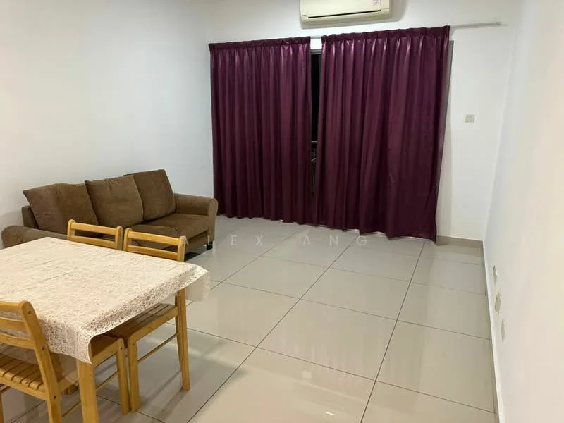 Living features: brown fabric sofa, 4-seater wooden dining table, wooden dining chairs, white tablecloth, cream tiled flooring, purple curtains, wall-mounted air conditioning unit, white painted walls; style: modern.