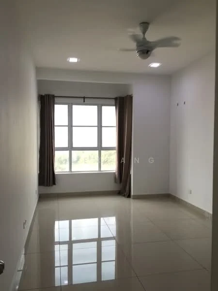 Room features: white painted walls, glossy tile flooring, 5-blade ceiling fan with light, floor-to-ceiling windows, curtains, natural light, neutral color scheme, no visible furniture; style: modern; view: garden.